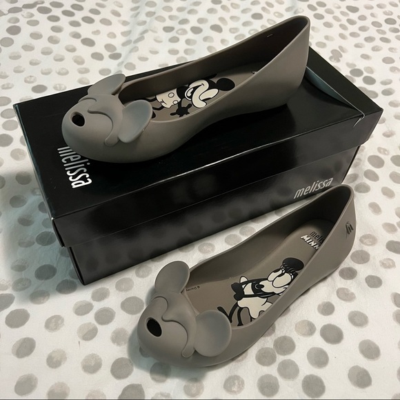 NWT Melissa Woman’s Ultragirl Minnie Peep Toe Mickey Ears Ballet Flat Grey Sz 5 - Picture 2 of 15